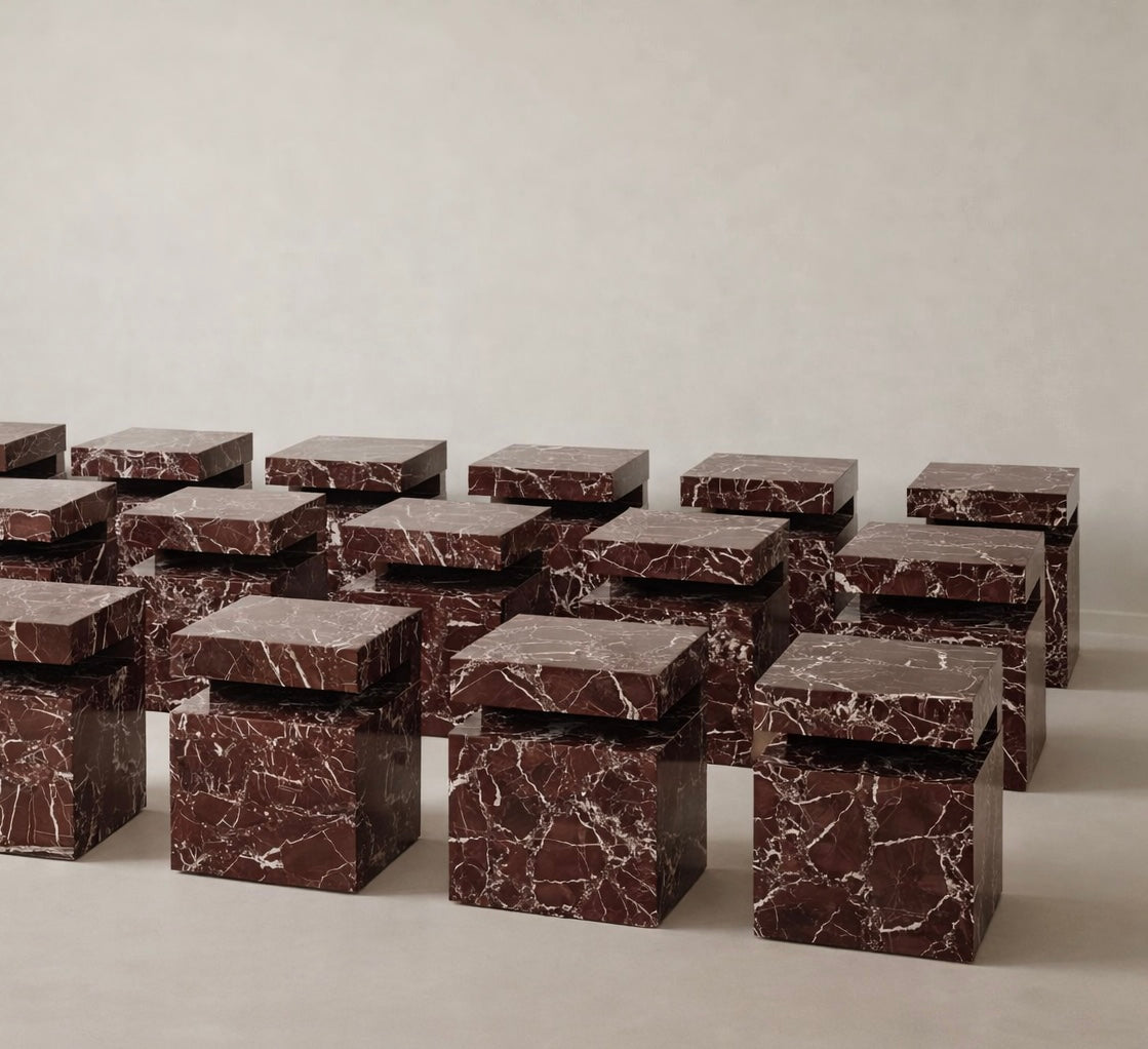 luxury Rosa Levanto marble side table with rich burgundy red stone and natural white veining